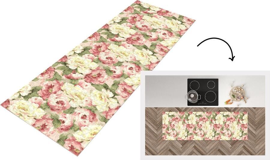 KitchenYeah Keukenloper Loper keuken Rozen Vintage Patronen 180x60 cm Keukenloper vinyl