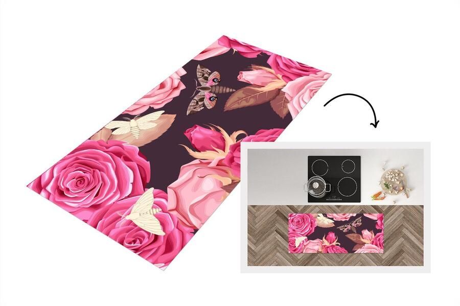 KitchenYeah Keukenloper Loper keuken Rozen Vlinders Roze 120x50 cm Keukenloper vinyl