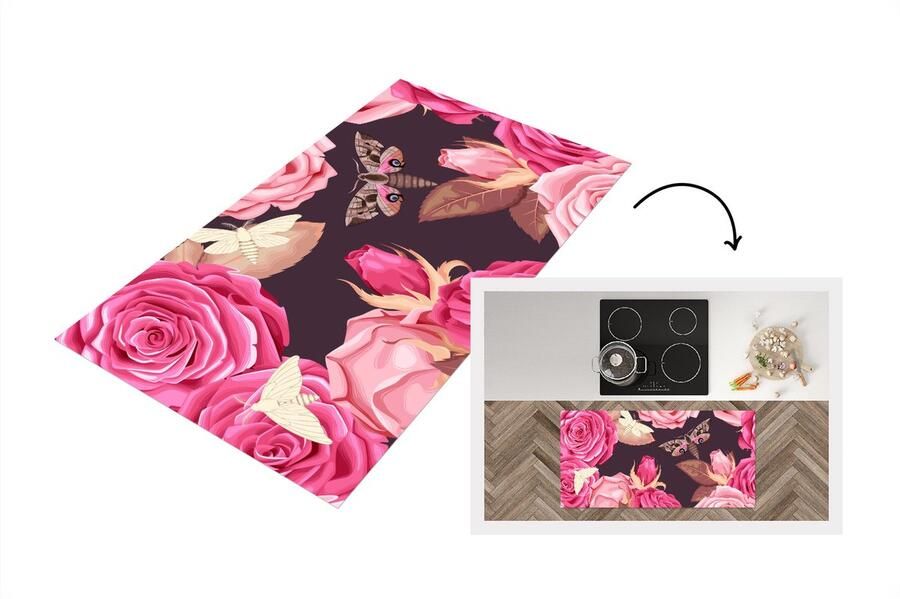 KitchenYeah Keukenloper Loper keuken Rozen Vlinders Roze 120x60 cm Keukenloper vinyl