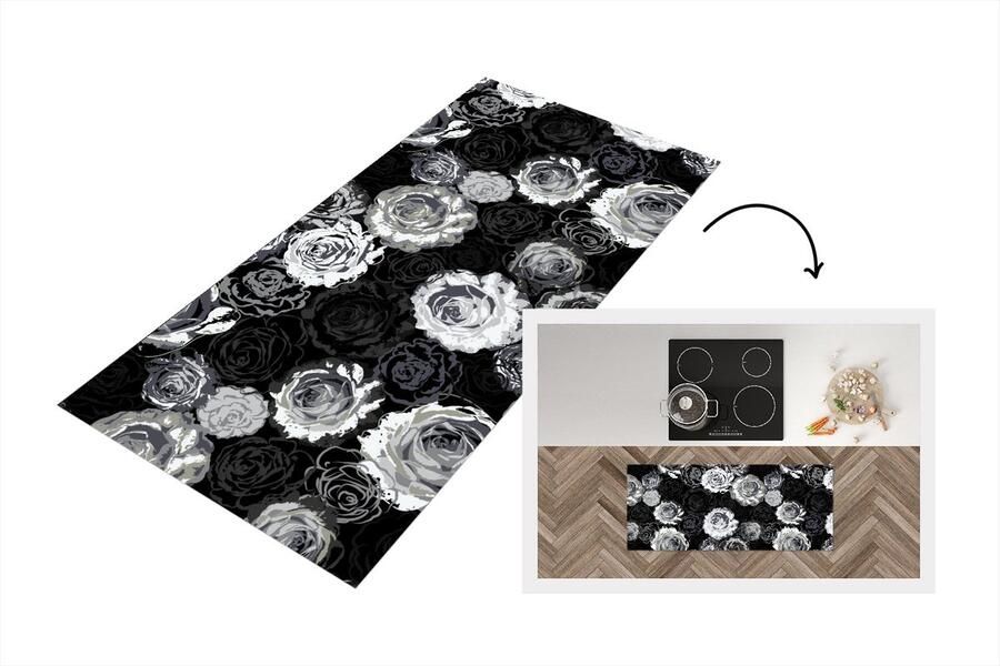 KitchenYeah Keukenloper Loper keuken Rozen Zwart Wit Patronen 120x50 cm Keukenloper vinyl