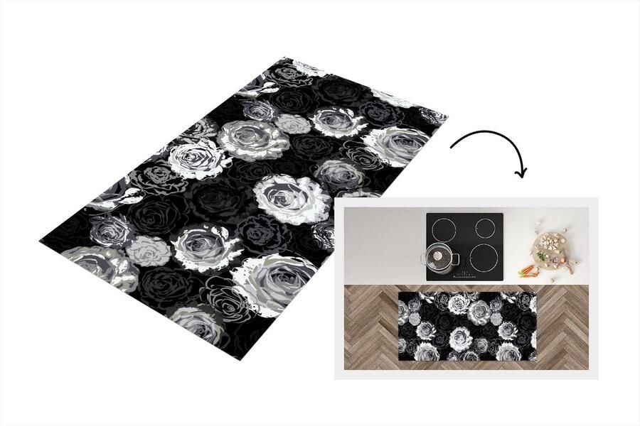 KitchenYeah Keukenloper Loper keuken Rozen Zwart Wit Patronen 120x60 cm Keukenloper vinyl