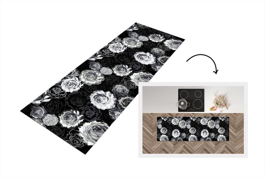 KitchenYeah Keukenloper Loper keuken Rozen Zwart Wit Patronen 180x60 cm Keukenloper vinyl