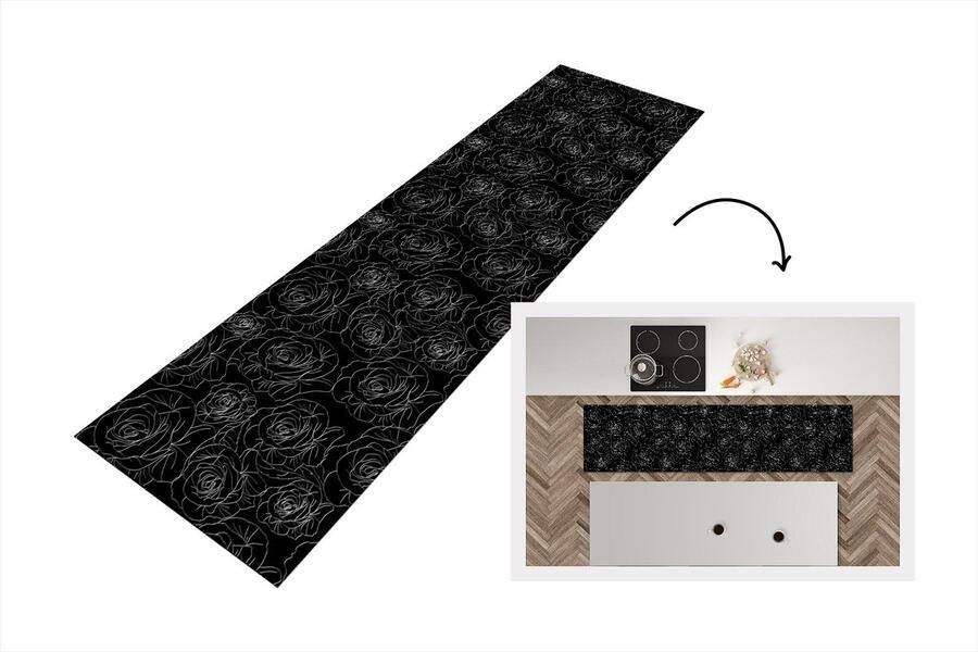 KitchenYeah Keukenloper Loper keuken Rozen Zwart Wit Patroon 240x60 cm Keukenloper vinyl