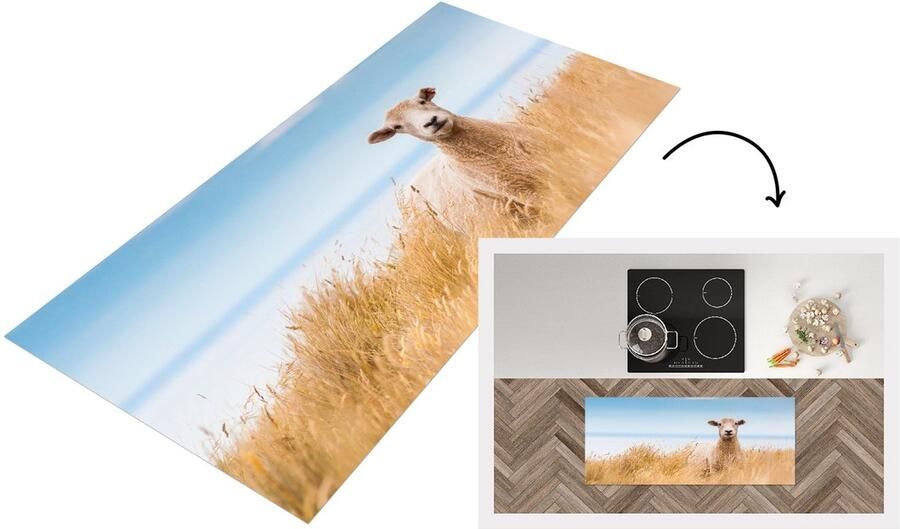 KitchenYeah Keukenloper Loper keuken Schaap Gras Zee 120x50 cm Keukenloper vinyl