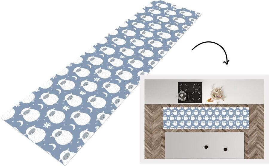 KitchenYeah Keukenloper Loper keuken Schapen Nacht Maan Patronen 240x60 cm Keukenloper vinyl