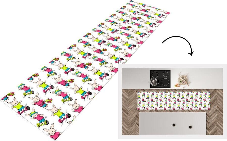 KitchenYeah Keukenloper Loper keuken School Konijnen Dieren Kinderen Patronen 240x60 cm Keukenloper vinyl