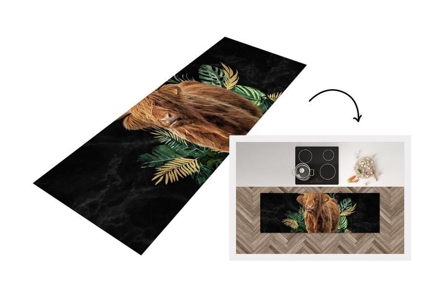 KitchenYeah Keukenloper Loper keuken Schotse hooglander Goud Bladeren 180x60 cm Keukenloper vinyl