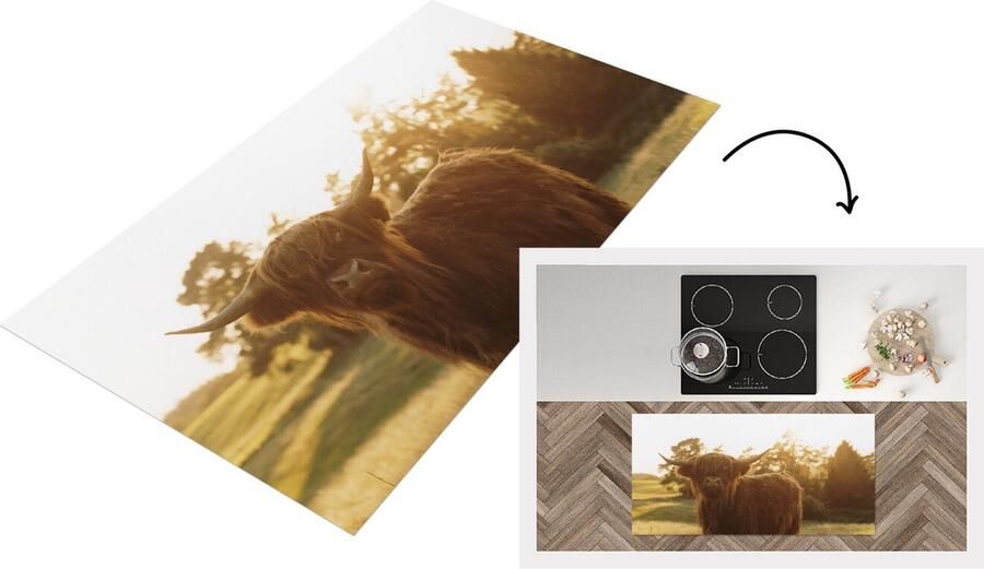 KitchenYeah Keukenloper Loper keuken Schotse hooglander Gras Zon 120x60 cm Keukenloper vinyl