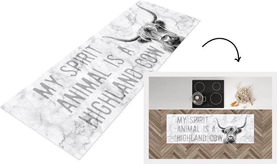 KitchenYeah Keukenloper Loper keuken Schotse hooglander Koe Quote 180x60 cm Keukenloper vinyl