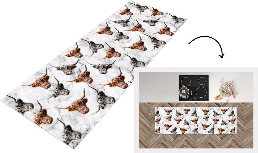KitchenYeah Keukenloper Loper keuken Schotse hooglander Koeien Marmer 180x60 cm Keukenloper vinyl
