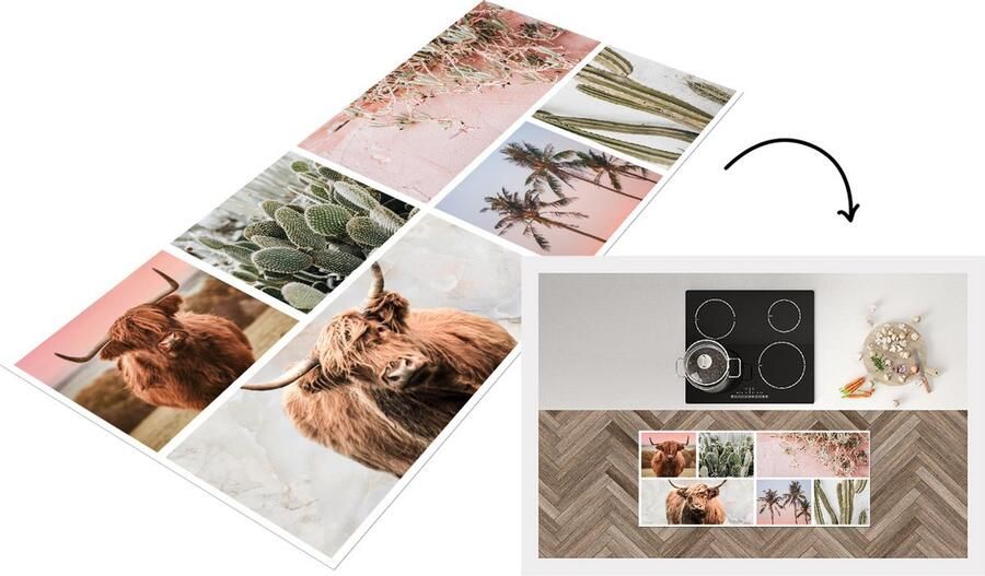 KitchenYeah Keukenloper Loper keuken Schotse hooglander Pastel Vetplant 120x50 cm Keukenloper vinyl