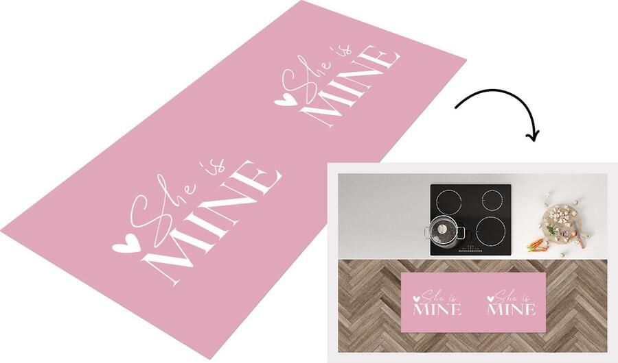 KitchenYeah Keukenloper Loper keuken 'She is mine' Quotes Spreuken Roze 120x50 cm Keukenloper vinyl