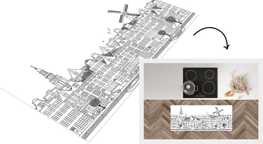 KitchenYeah Keukenloper Loper keuken Skyline Amsterdam Zwart Wit 120x50 cm Keukenloper vinyl