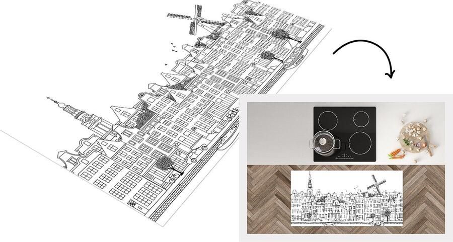 KitchenYeah Keukenloper Loper keuken Skyline Amsterdam Zwart Wit 120x60 cm Keukenloper vinyl