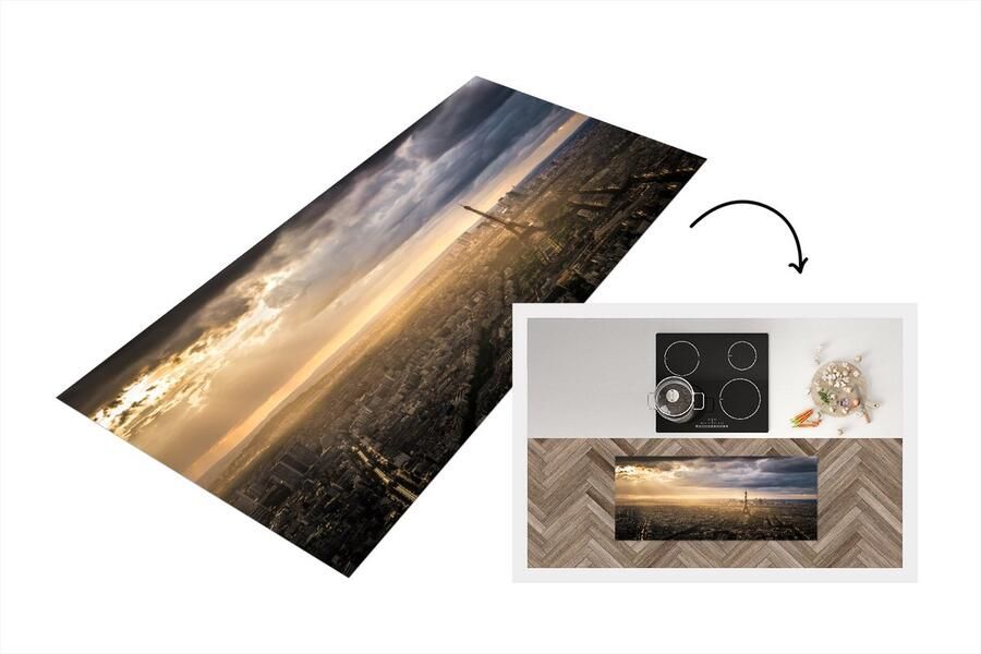 KitchenYeah Keukenloper Loper keuken skyline over Parijs met heldere zonnestralen die de Eiffeltoren verlichten 120x50 cm Keukenloper vinyl