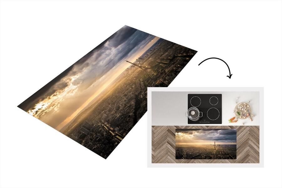 KitchenYeah Keukenloper Loper keuken skyline over Parijs met heldere zonnestralen die de Eiffeltoren verlichten 120x60 cm Keukenloper vinyl