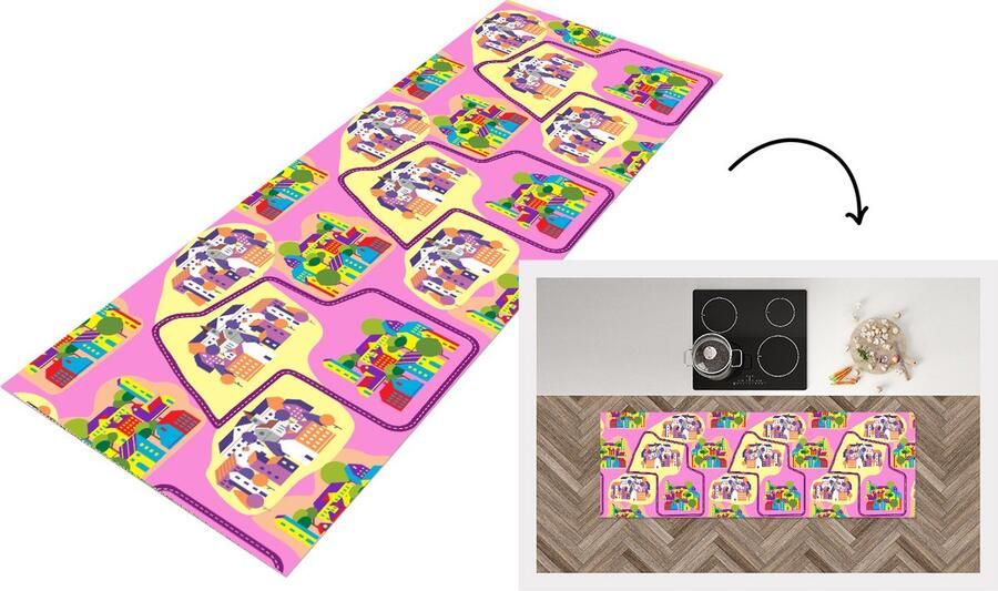 KitchenYeah Keukenloper Loper keuken Skyline Patronen Roze 180x60 cm Keukenloper vinyl