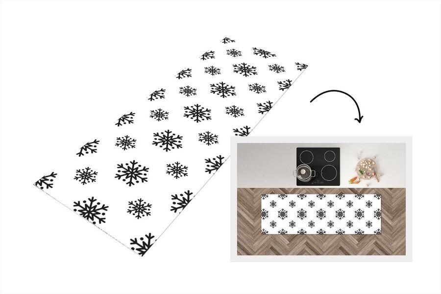 KitchenYeah Keukenloper Loper keuken Sneeuwvlok Winter Zwart Wit Patronen 150x50 cm Keukenloper vinyl