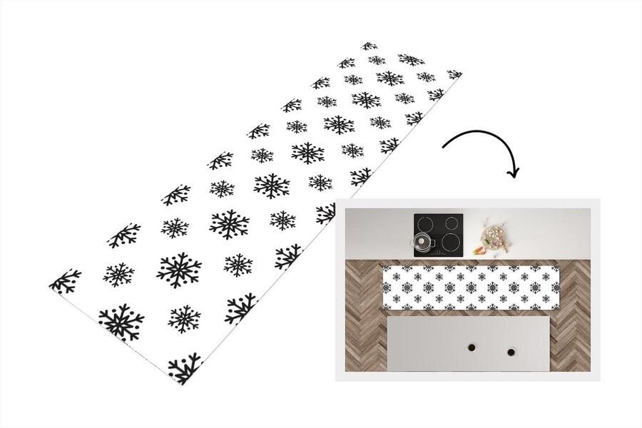 KitchenYeah Keukenloper Loper keuken Sneeuwvlok Winter Zwart Wit Patronen 240x60 cm Keukenloper vinyl