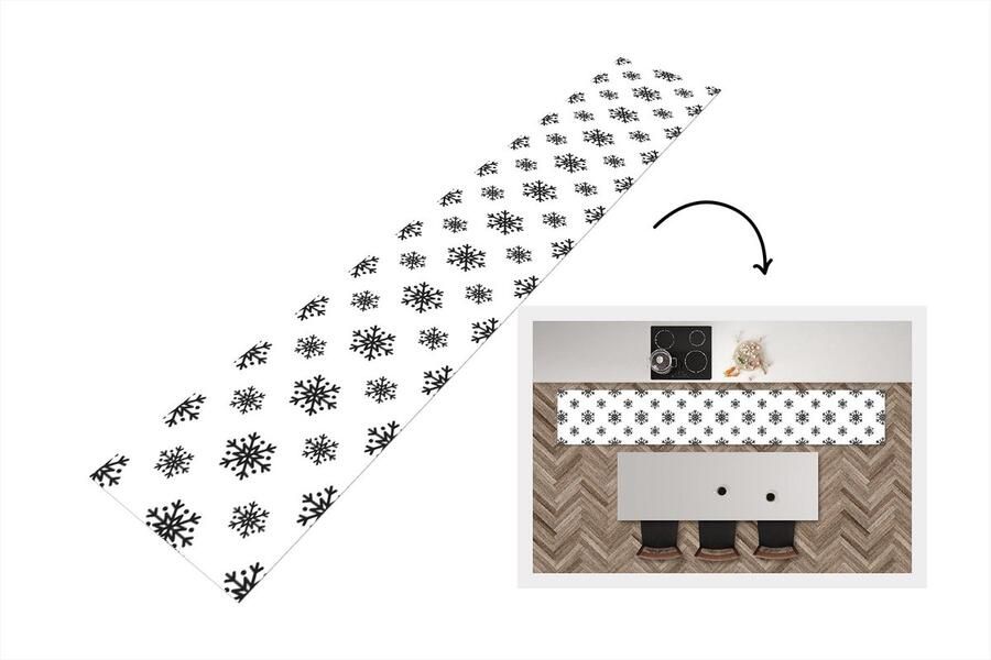 KitchenYeah Keukenloper Keukenmat Sneeuwvlok Winter Zwart Wit Patronen 360x60 cm Keuken vloerkleed