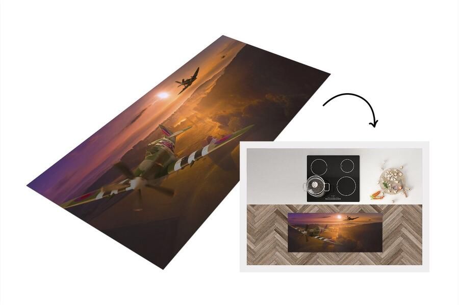 KitchenYeah Keukenloper Loper keuken Spitfire vliegtuigen bij zonsondergang 120x50 cm Keukenloper vinyl