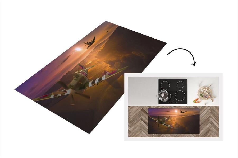 KitchenYeah Keukenloper Loper keuken Spitfire vliegtuigen bij zonsondergang 120x60 cm Keukenloper vinyl