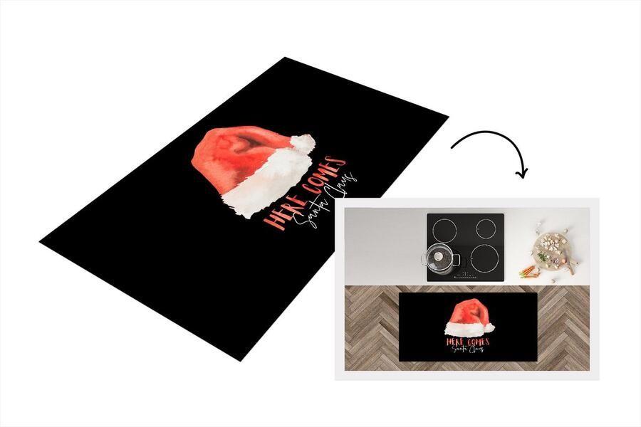 KitchenYeah Keukenloper Loper keuken Spreuken Here comes Santa Claus Quotes Kerstman Kerstmuts 120x60 cm Keukenloper vinyl