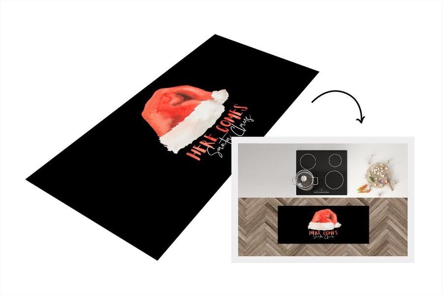KitchenYeah Keukenloper Loper keuken Spreuken Here comes Santa Claus Quotes Kerstman Kerstmuts 120x50 cm Keukenloper vinyl