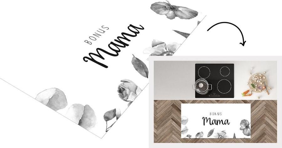KitchenYeah Keukenloper Loper keuken Spreuken Quotes Bonus Mama Moederdag Moeder Bloemen Cadeau zwart wit 120x60 cm Keukenloper vinyl
