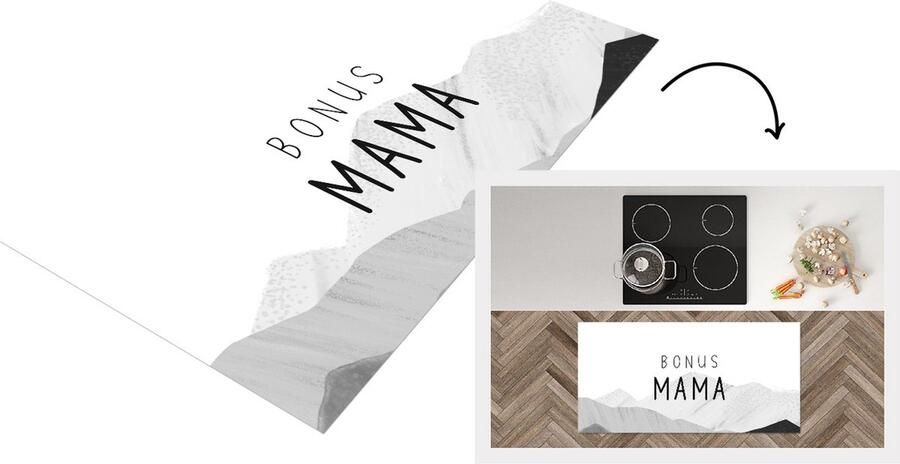 KitchenYeah Keukenloper Loper keuken Spreuken Quotes Bonus Mama Stiefmoeder Moeder Moederdag cadeautje zwart wit 120x60 cm Keukenloper vinyl