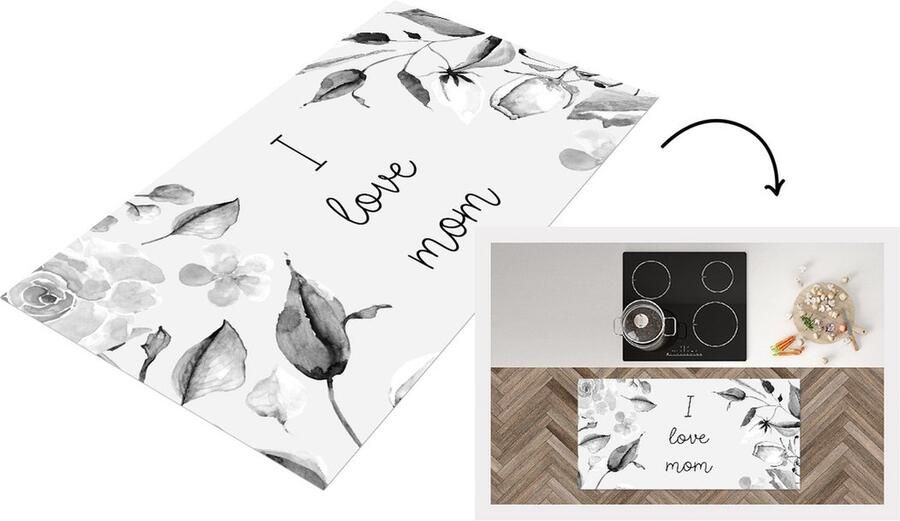 KitchenYeah Keukenloper Loper keuken Spreuken Quotes I Love Mom Moederdag Moeder I love you Bloemen zwart wit 120x60 cm Keukenloper vinyl