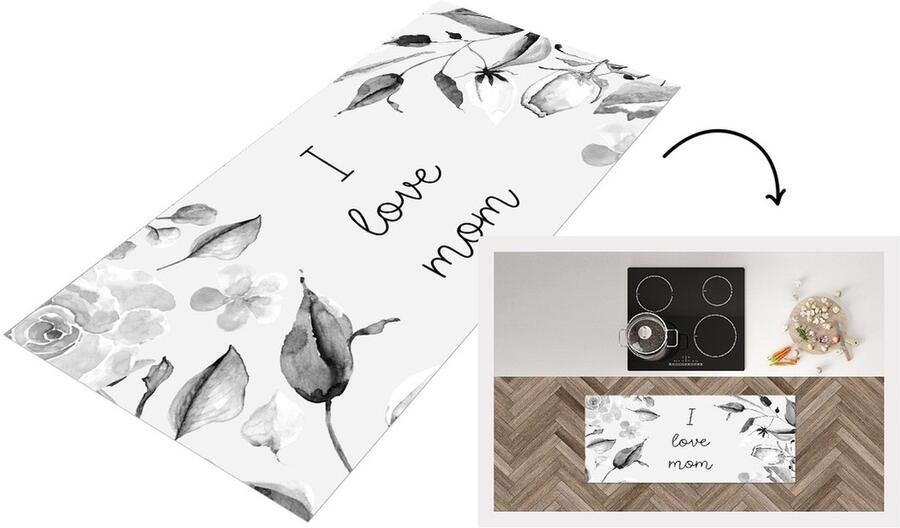KitchenYeah Keukenloper Loper keuken Spreuken Quotes I Love Mom Moederdag Moeder I love you Bloemen zwart wit 120x50 cm Keukenloper vinyl