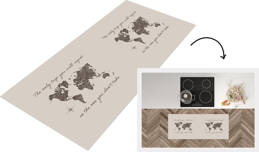 KitchenYeah Keukenloper Loper keuken Spreuken Quotes The only trip you will regret is the one you don't take Wereldkaart 120x50 cm Keukenloper vinyl