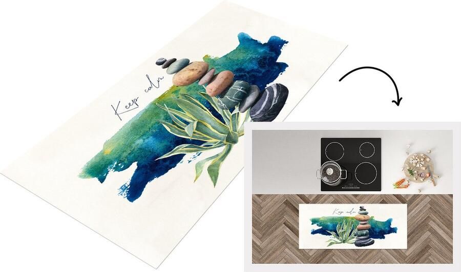 KitchenYeah Keukenloper Loper keuken Stenen Planten Zee Waterverf 120x50 cm Keukenloper vinyl
