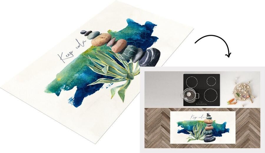 KitchenYeah Keukenloper Loper keuken Stenen Planten Zee Waterverf 120x60 cm Keukenloper vinyl