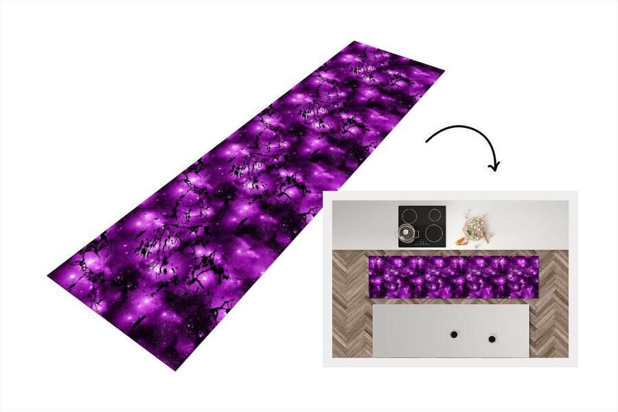 KitchenYeah Keukenloper Loper keuken Sterrenhemel Marmer Paars Zwart Patronen 200x50 cm Keukenloper vinyl