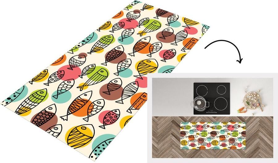 KitchenYeah Keukenloper Loper keuken Stippen Vis Regenboog 120x50 cm Keukenloper vinyl