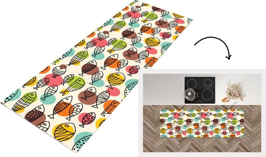 KitchenYeah Keukenloper Loper keuken Stippen Vis Regenboog 150x50 cm Keukenloper vinyl