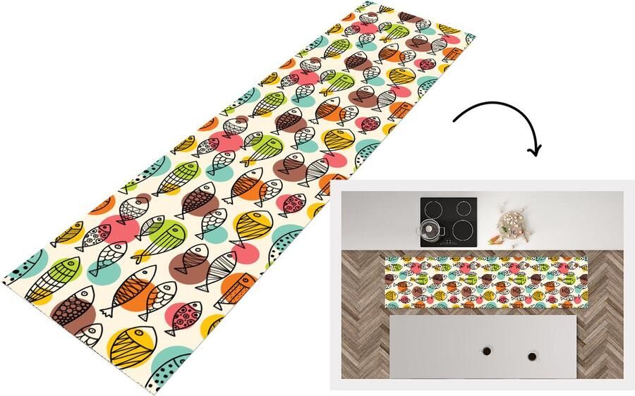 KitchenYeah Keukenloper Loper keuken Stippen Vis Regenboog 240x60 cm Keukenloper vinyl