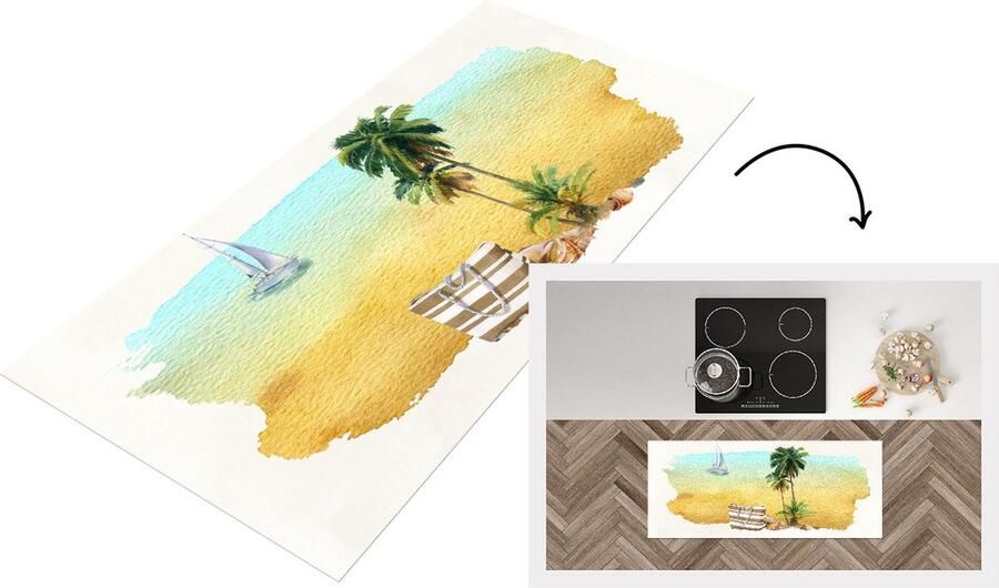 KitchenYeah Keukenloper Loper keuken Strand Boot Tas Palmboom 120x50 cm Keukenloper vinyl