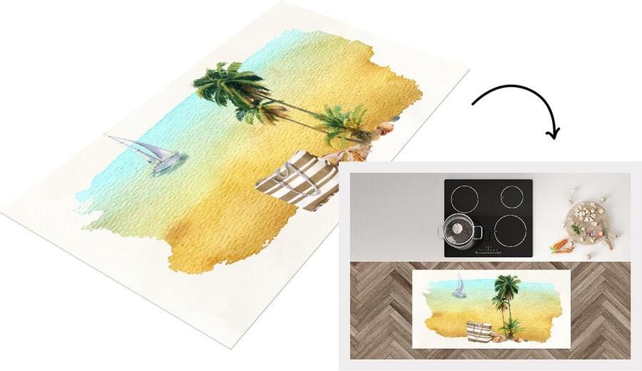 KitchenYeah Keukenloper Loper keuken Strand Boot Tas Palmboom 120x60 cm Keukenloper vinyl