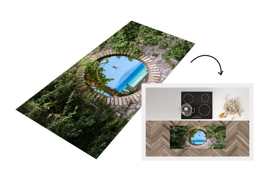 KitchenYeah Keukenloper Loper keuken Strand Doorkijk Tropisch Strandstoel 120x50 cm Keukenloper vinyl