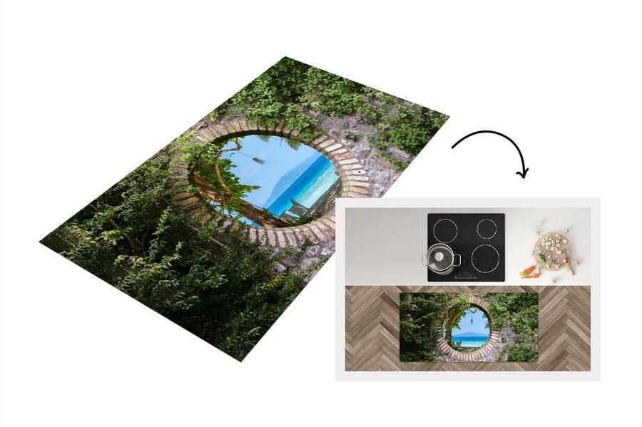 KitchenYeah Keukenloper Loper keuken Strand Doorkijk Tropisch Strandstoel 120x60 cm Keukenloper vinyl