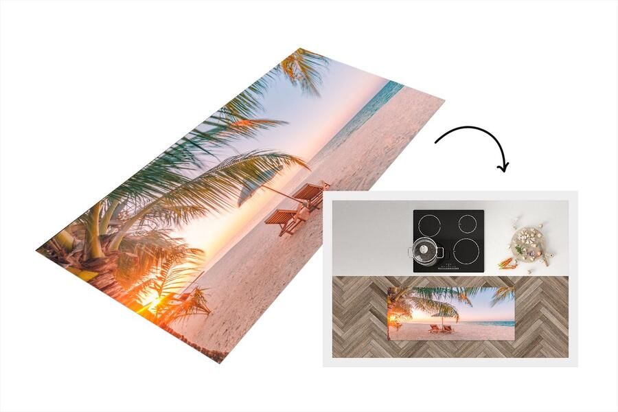KitchenYeah Keukenloper Loper keuken Strand Palmbomen Parasol 120x50 cm Keukenloper vinyl