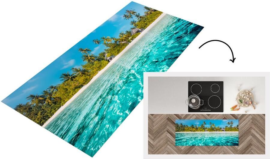 KitchenYeah Keukenloper Loper keuken Strand Palmbomen Zee 120x50 cm Keukenloper vinyl