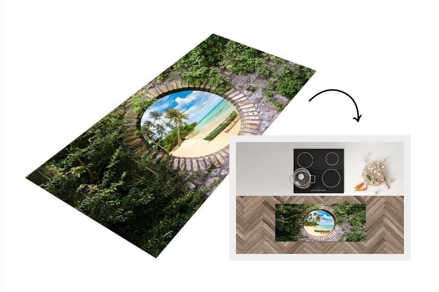 KitchenYeah Keukenloper Loper keuken Strand Palmboom Doorkijk Kano 120x50 cm Keukenloper vinyl