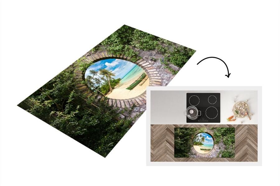 KitchenYeah Keukenloper Loper keuken Strand Palmboom Doorkijk Kano 120x60 cm Keukenloper vinyl