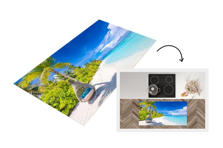 KitchenYeah Keukenloper Loper keuken Strand Palmboom Hangstoel 120x60 cm Keukenloper vinyl