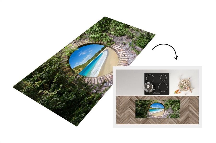 KitchenYeah Keukenloper Loper keuken Strand Zee Doorkijk 120x50 cm Keukenloper vinyl