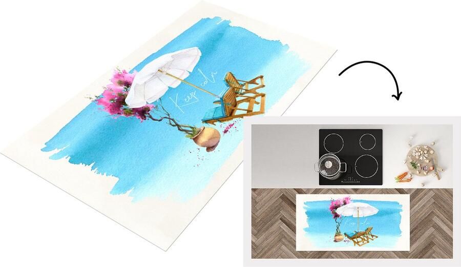 KitchenYeah Keukenloper Loper keuken Strandstoel Parasol Bloemen Aquarel 120x60 cm Keukenloper vinyl